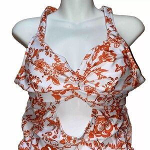 Women’s XXL- Aimage One Piece Swimwear-Orange/White Floral Cut-Out Design. NWT.